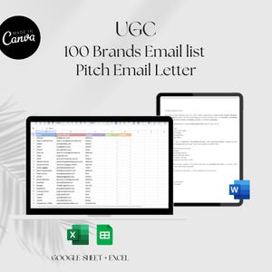 May include: A laptop and tablet display a spreadsheet and a document titled "100 Brands Email list Pitch Email Letter." The image includes the Canva logo, Excel and Google Sheet icons, and a Word document icon.