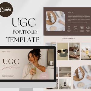 May include: A digital UGC portfolio template displayed on a computer screen and printed pages. The design features a dark brown and cream color scheme with text including UGC PORTFOLIO TEMPLATE, JESSICA OLIVER, ABOUT ME, and CONTENT EXAMPLES, alongside various lifestyle and skincare product photography.