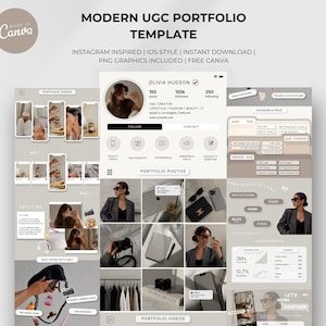 Może przedstawiać: Cyfrowy szablon portfolio dla twórców UGC w neutralnej kolorystyce. Układ zawiera sekcje profilu, zdjęć, siatek wideo oraz cenników z tekstem Modern UGC Portfolio Template.