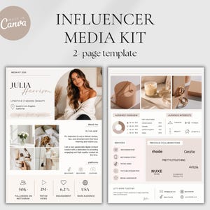 Puede incluir: Una plantilla de kit de medios para influencers de dos páginas con una paleta de colores neutros. El diseño incluye secciones para una biografía, datos demográficos de la audiencia, servicios ofrecidos e historial de colaboraciones.