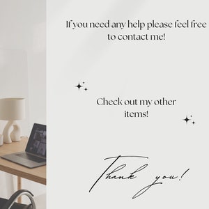 May include: A white desk with a laptop, a lamp, and a small white object. The background is a white wall with text that reads "If you need any help please feel free to contact me! Check out my other items! Thank you!"