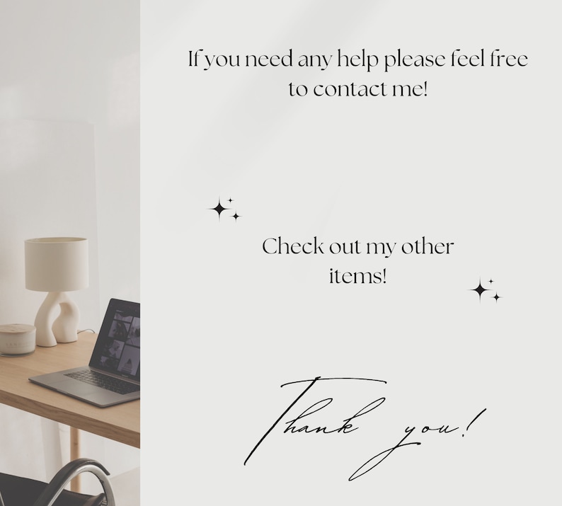 May include: A white desk with a laptop, a lamp, and a small white object. The background is a white wall with text that reads "If you need any help please feel free to contact me! Check out my other items! Thank you!"