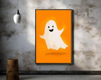 May include: A framed art print featuring a friendly white ghost on an orange background. The ghost has a simple, smiling face and outstretched arms. The artwork is displayed in a room with a concrete wall and a hanging light fixture.