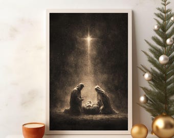 May include: Sepia-toned framed print depicting the Nativity scene. The artwork shows Mary and Joseph kneeling before the baby Jesus, with a bright star shining above. A small Christmas tree with ornaments and a gold bauble are on the right.