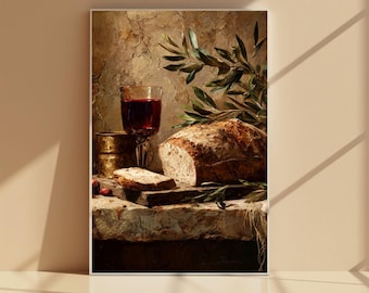 May include: A still life painting featuring a loaf of bread, a glass of red wine, and a small brass container. A slice of bread rests on a wooden cutting board. Olive branches add a natural element to the composition. The background has a textured, aged appearance.