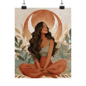 Boho Meditation Woman Wall Art,Divine Feminine Moon Goddess Poster,Spiritual Woman Illustration Print,Celestial Boho Decor image 10