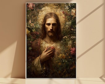 Heiliges Herz Jesu Wandkunst, Vintage christliche religiöse Kunst, Blumen Jesus Druck, katholische Wohnkultur, spirituelle Sacre Kunst, religiöse Wandkunst