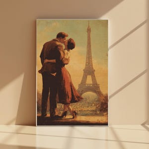 Vintage Paris Romance Poster Couple Kissing by Eiffel Tower Retro French Love Wall Art Romantic Vintage Travel Print Vintage Wall Art