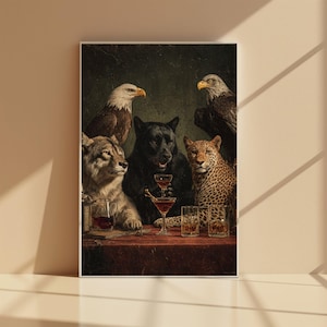 Wild Animals Whiskey Poster Vintage Bar Wall Art Wolf Panther Leopard Eagle Drinking Scene Retro Animal Portrait Decor Vintage Wall Art