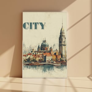 Vintage City Travel Poster: Retro European Architecture Art Print