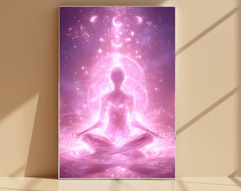 Pink Celestial Meditation Wall Art,Divine Feminine Energy Poster,Moon Goddess Spiritual Print,Cosmic Woman Meditation Art