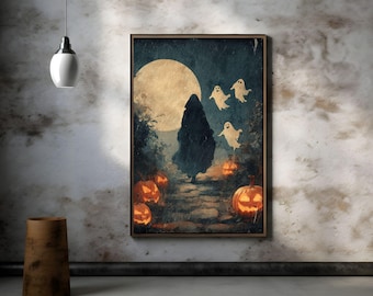 Op de afbeelding: Ingelijste kunstafdruk met Halloween-thema. Het kunstwerk toont een nachtscène met een volle maan, een silhouet, gloeiende pompoenen en zwevende geesten. Het kleurenpalet omvat tinten blauw, oranje en bruin.