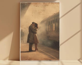 Vintage Train Station Kiss Print, Romantic Couple Art, Sepia Tone Photography