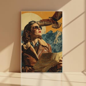 1930s Adventurer Woman with Eagle Poster Vintage Explorer Wall Art Distressed Mountain Travel Poster Vinatge Wall Art Home Decor