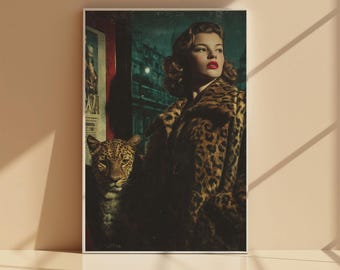 Powerful 1940s Vintage Woman with Leopard Poster,Retro Glamour Leopard Print,Coat Leopard Poster,Vintage Wall Art,Moody Wall Art,Home Decor