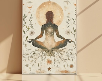 Può includere: Una stampa artistica incorniciata raffigurante la silhouette di una persona in posa yoga, circondata da elementi celesti e botanici. L'opera d'arte ha una calda tavolozza di colori con un design centrale a raggiera e toni della terra, evocando pace e spiritualità.