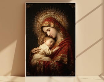 Virgin Mary and Baby Jesus Wall Art,Madonna and Child Catholic Painting,Sacred Mother and Child Religious Art,Christian Wall Decor
