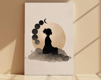 Celestial Meditation Wall Art,Moon Phase Woman Poster,Boho Spiritual Printable Art,Divine Feminine Decor,Minimalist Yoga Print