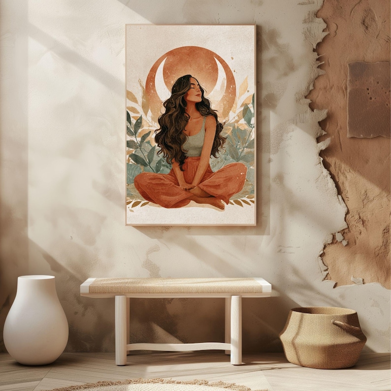 May include: A framed art print depicts a woman in a meditative pose, seated with legs crossed. She wears a teal top and rust-colored pants. The background features a crescent moon and foliage, with a neutral color palette.
