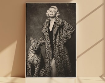 1940s Glamour Woman Art Print, Leopard, Retro Black and White