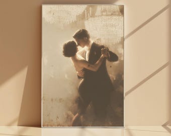 Poster verticale di danza romantica, arte murale per San Valentino, poster di ballo da sala vintage romantico, arte murale di coppia elegante, arte murale retrò