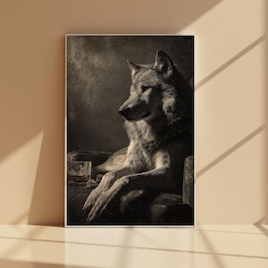 Wolf Whiskey Poster Vintage Animal Wall Art Dark Wolf Portrait Drinking Whiskey Retro Lounge and Bar Decor Print Vintage Wall Art Home Decor
