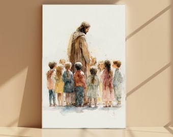 Jesus With Children Wall Art,Christian Nursery Decor,Let the Little Children Come to Me,Biblical Watercolor Print,Faith Based Kids Room Art