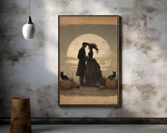 May include: Framed vintage-style artwork depicting a couple embracing under a full moon. The scene includes pumpkins, black cats, and a sepia-toned color palette, evoking a Halloween or gothic theme.