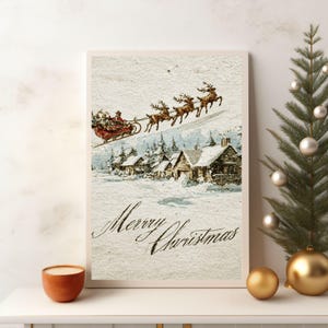 Póster navideño vintage, Papá Noel en trineo sobre un pueblo nevado, arte mural navideño retro, lámina clásica de invierno, regalo de Navidad, decoración para el hogar