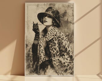 1920s Paris Fashion Leopard Coat Poster,Antique French Glamour Wall Art,Vintage Distressed Retro Poster,Vintage Wall Art,Home Decor