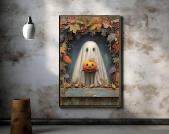 May include: A framed Halloween-themed artwork depicts a friendly ghost holding a carved pumpkin. The ghost is draped in a white sheet, set against a blue backdrop and framed by autumn leaves. The artwork has a vintage, painterly style.