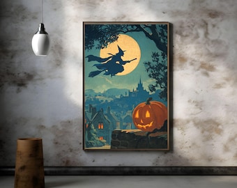 Op de afbeelding: Een ingelijste Halloween-print met een heks op een bezem voor een volle maan. Een uitgesneden pompoen staat op een stenen muur voor een stad met een kerk. Het kleurenpalet omvat blauw, oranje en bruin.