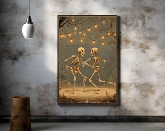May include: A framed vintage-style print depicts two dancing skeletons under a string of glowing lights. The artwork has a sepia tone, with the skeletons in the foreground and a muted background of trees and a night sky. The overall theme is Halloween or Day of the Dead.