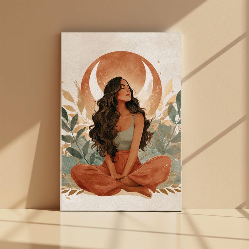 May include: A canvas print featuring a woman in a meditative pose. She is seated with her legs crossed, wearing a sage green top and rust-colored pants. The background includes a crescent moon design and foliage in shades of green and brown.