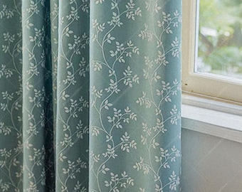 Cortina opaca con bordado verde: cortinas de jacquard con diseño botánico, tamaño personalizado
