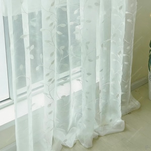 White Embroidered Sheer Curtains, Vine Leaf Lace Window Panels, Light Filtering Drapes