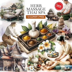 Herb Massage & Spa Clipart | 12 HQ PNG files | Watercolor Clipart |  Thai Asian Massage | Spa Day Graphics | Herbal | Printable graphics