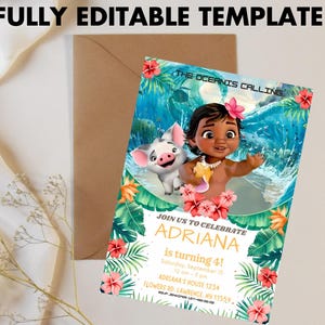 May include: A colorful invitation with the text "FULLY EDITABLE TEMPLATE" at the top. The invitation features a cartoon image of a girl and a pig, with the text "THE OCEANIS CALLING" and "JOIN US TO CELEBRATE ADRIANA is turning 4!"