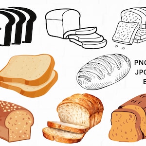 May include: A collection of different types of bread, including sliced white bread, a loaf of sourdough, and a loaf of wheat bread. The bread is illustrated in both black and white and colour.