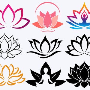 May include: A set of nine different lotus flower designs. The designs are in various colors, including pink, blue, purple, and black. Some of the designs feature a person meditating in the center of the lotus flower.
