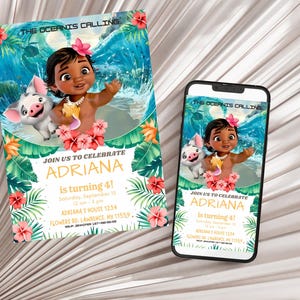 May include: A birthday invitation featuring a cartoon illustration of a young girl with a pig, surrounded by tropical flowers and foliage. The invitation reads "The Oceanis Calling" and "Join us to celebrate Adriana is turning 4!"