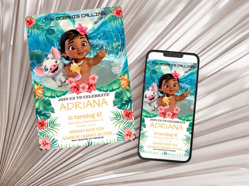May include: A birthday invitation featuring a cartoon illustration of a young girl with a pig, surrounded by tropical flowers and foliage. The invitation reads "The Oceanis Calling" and "Join us to celebrate Adriana is turning 4!"