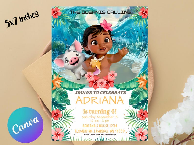 May include: A 5x7 inch invitation card featuring a cartoon girl and pig from a popular animated movie, surrounded by tropical flowers and foliage. The text "The Oceanis Calling" and "Join us to celebrate ADRIANA is turning 4!" are displayed.