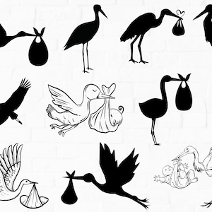 Storch-Svg-Bundle, Storch Clipart, Storch Schnittdatei, Vogel zwart, Vogel Clipart, Storch Silhouette, Baby Ankündigung Clipart, Storch und Baby Blatt