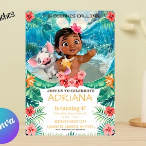 May include: A 5x7 inch invitation with a tropical theme. The design features a cartoon girl and a pig in front of a wave. The invitation text reads "Join us to celebrate Adriana is turning 4!" with event details.