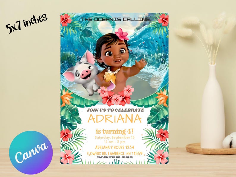 May include: A 5x7 inch invitation with a tropical theme. The design features a cartoon girl and a pig in front of a wave. The invitation text reads "Join us to celebrate Adriana is turning 4!" with event details.
