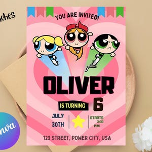 Powerpuff Girls Geburtstagseinladung bearbeitbare Vorlage, Canva Geburtstagseinladung, Digital Girl Invite, Powerpuff Girls, Kids Party Invite