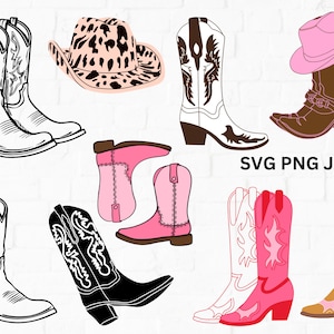 Lot de bottes de cowboy SVG, botte Western SVG, chapeau de cowboy Png, bottes de cow-girl Svg, chapeau de cow-girl Svg, fer à cheval Svg, Svg Western