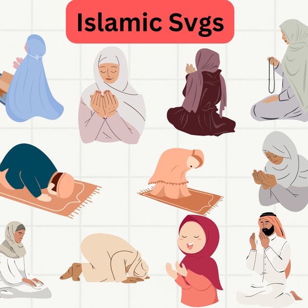 Women Prayer Clipart , Islamic Portrait , Islamic Prayer Sticker , Muslim girls clipart, Hijab Bundle SVG, Islamic SVG