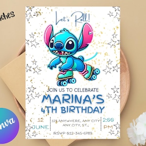 Puede incluir: Invitación de cumpleaños de 12,7 x 17,8 cm con un personaje de dibujos animados azul sobre patines. La invitación dice "Let's Roll!" y "Join us to celebrate Marina's 4th Birthday". Incluye fecha, hora e información de RSVP.